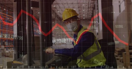 Photo for Image of statistics and data processing over biracial man working in warehouse. Global shipping, business, finance, computing and data processing concept digitally generated image. - Royalty Free Image