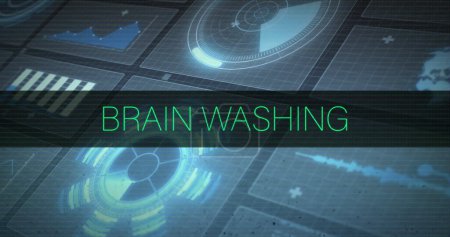 Image of brain washing text and data processing. Global computing, digital interface and data processing concept digitally generated image.