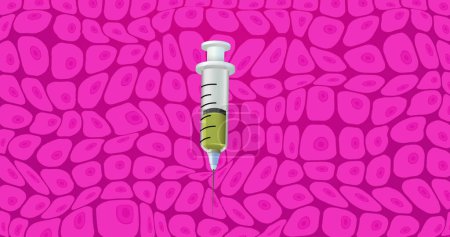 Photo for Image of syringe over pink cells on pink background. Human biology, anatomy and body concept digitally generated image. - Royalty Free Image