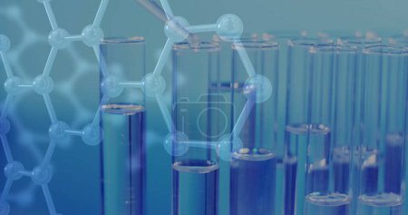 Image of chemical structures over laboratory dishes on blue background. Science, research and laboratory concept digitally generated image.
