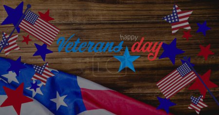Foto de Imagen del texto del día de los veteranos sobre la mesa de madera y la bandera americana. patriotismo y concepto de celebración imagen generada digitalmente. - Imagen libre de derechos