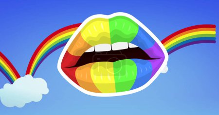 Photo for Image of rainbow lips over rainbow on blue background. Pride month, lgbt, equality and human rights concept digitally generated image. - Royalty Free Image