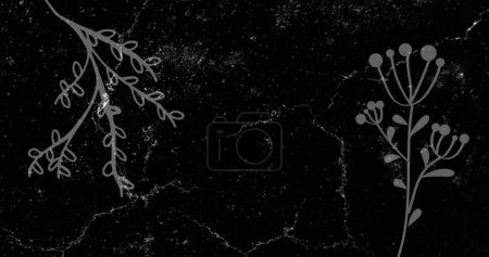 Image of white lightning flashes over grey plants on black background. Nature, energy and power, monochrome abstract background concept digitally generated image.