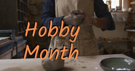 Image of hobby month text over african american woman forming pottery. hobby and celebration concept digitally generated image.