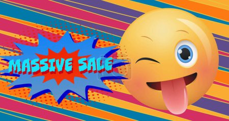 Photo for Image of massive sale text over speech bubbles and winking emoji on striped background. vintage retail, savings and shopping concept digitally generated image. - Royalty Free Image