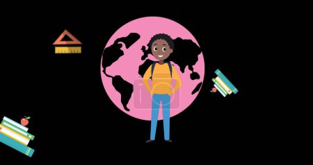 Image de l'icône de l'écolier et du globe terrestre sur fond noir. Journée universelle de l'enfant et concept de célébration image générée numériquement.