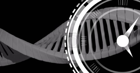 Foto de Imagen del reloj moviéndose sobre el hilo de ADN sobre fondo negro. Ciencia global e interfaz digital concepto de imagen generada digitalmente. - Imagen libre de derechos
