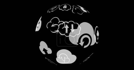 Imagen digital de diferentes iconos de nube con flechas dispuestas girando esféricamente en el fondo negro 4k