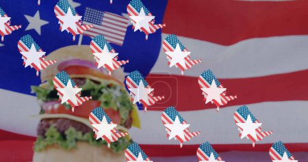 Photo for Image of usa flags wtih stars over hamburger on usa flag in background. presidents day, independence day and american patriotism concept digitally generated image. - Royalty Free Image