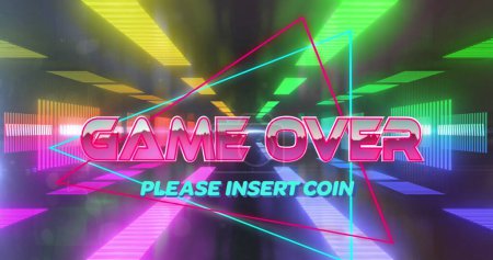 Photo for Image of game over text and please insert coin text on triangles over futuristic tunnel. Digitally generated, hologram, illustration, illuminated, shape, ending and technology concept. - Royalty Free Image