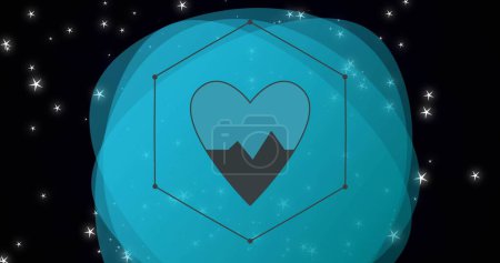 Imagen de iconos del corazón y del latido del corazón sobre fondo negro y azul. Imagen generada digitalmente por el concepto de medicina, investigación y ciencia global.