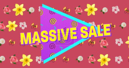 Photo for Image of massive sale text over triangle with abstract shapes and floral background. retro sales and savings concept digitally generated image. - Royalty Free Image