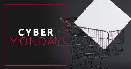 Image of cyber monday text over shopping trolley. Sales, retail, cyber shopping, digital interface, communication, computing and data processing concept digitally generated image.