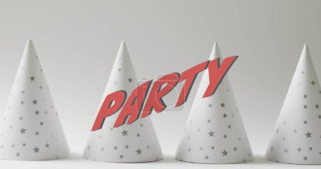 Téléchargez les photos : Image du texte du parti sur les chapeaux blancs du parti en arrière-plan. Fête d'anniversaire, fête, concept de fête et de célébration image générée numériquement. - en image libre de droit