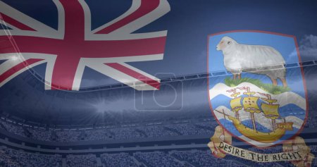 Image of flag of falkland islands over sports stadium. Global sport and digital interface concept digitally generated image.