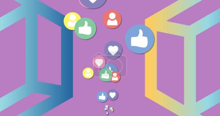 Bild von sozialen Medien wie und Liebe Symbole über lila Hintergrund. Globale soziale Medien, Verbindungen, Kommunikation und digitales Schnittstellenkonzept digital generiertes Bild.