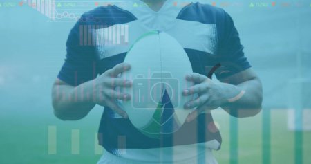 Image of statistics over rugby player. global sports, technology, digital interface and connections concept digitally generated image.