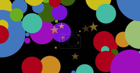Image of spots and stars on black background. Universal childrens day and celebration concept digitally generated image.