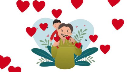 Image of caucasian father and son over white background with hearts. Family and adoption concept digitally generated image.