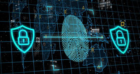 Photo for Image of biometric fingerprint, markers and data processing over world map. global online identity, digital interface and data processing concept digitally generated image. - Royalty Free Image