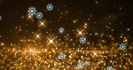 Photo for Image of digital snowflakes diagonally falling over twinkling lights against black background. Composite, light, decoration, lens flare, shape, christmas, winter, glowing, multiple exposure. - Royalty Free Image
