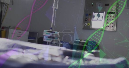 Téléchargez les photos : Image de brins d'ADN et de connexions sur un bloc opératoire vide à l'hôpital. Concept d'interface numérique, de médecine et de santé image générée numériquement. - en image libre de droit