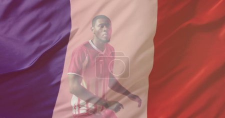 Photo for Image of african american male soccer player over flag of france. Global patriotism, celebration, sport and digital interface concept digitally generated image. - Royalty Free Image