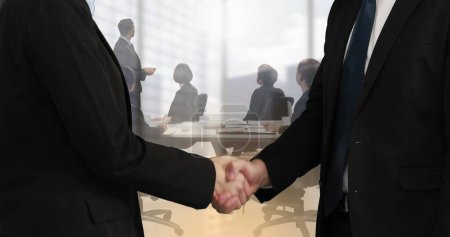 Photo for Image of businessman and businesswoman shaking hands over businesspeople in office. global business, finances and networking concept digitally generated image. - Royalty Free Image