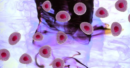 Foto de Imagen de micro de células rojas y rosadas sobre huellas de humo sobre fondo blanco. Concepto global de ciencia, investigación y medicina imagen generada digitalmente. - Imagen libre de derechos
