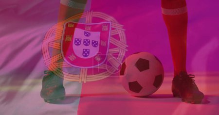 Téléchargez les photos : Image du joueur de football masculin sur le drapeau du Portugal. Patriotisme mondial, célébration, sport et concept d'interface numérique image générée numériquement. - en image libre de droit