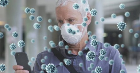 Photo for Image of covid 19 cells over senior man wearing face mask. global covid 19 pandemic and vaccination concept digitally generated image. - Royalty Free Image