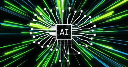 Image de l'intelligence artificielle sur les sentiers de lumière au néon vert et bleu. Concept mondial d'intelligence artificielle, de connexions, d'informatique et de traitement des données image générée numériquement.