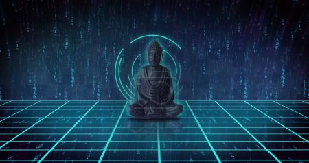 Image of buddha with scope scanning and binary coding on black background. Technology, religion and digital interface concept digitally generated image.