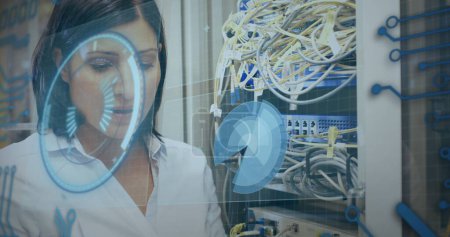 Image of globe and data processing over caucasian female scientist working in lab. Global medicine connections and technology concept digitally generated image.