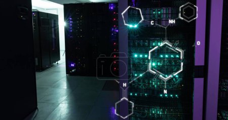 Photo for Image of chemical structures floating against computer server room. Research science and business data storage technology concept - Royalty Free Image