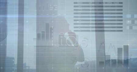 Image of financial data processing over caucasian businessman looking through window. Global business, finances, computing and digital interface concept digitally generated image.