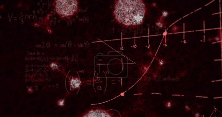 Foto de Imagen de células macro Covid-19 flotando con fórmulas matemáticas. Compuesto digital del concepto pandémico de Coronavirus Covid-19. - Imagen libre de derechos