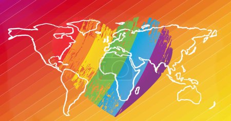 Bild der Weltkarte über dem Regenbogenherz auf Regenbogenhintergrund. Stolz Monat und Feier Konzept digital generierte Bild.