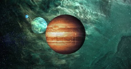 Photo for Image of planets in green smoky space. Planets, cosmos and universe concept digitally generated image. - Royalty Free Image
