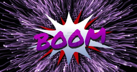 Image of retro boom purple text over star speech bubbles on black background. vintage colour and movement concept digitally generated image.