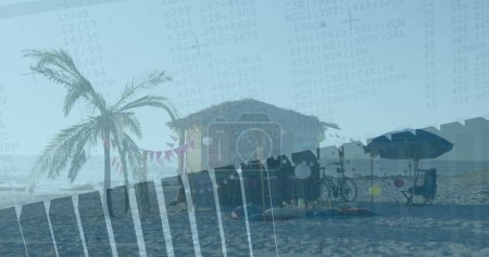 Téléchargez les photos : Image du traitement des données financières sur le paysage de la plage éolienne. concept global d'interface financière, commerciale et numérique image générée numériquement. - en image libre de droit
