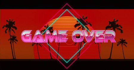 Image of game over text over a digital sunset. digital interface image game concept digitally generated image.