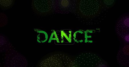 Image of dance text over shapes and fireworks on black backrgound. New year, party and celebration concept digitally generated image.