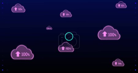 Image of digital interface with purple clouds, arrows and percent growing to one hundred over flashing circle on blue background. Global digital online concept digitally generated image.