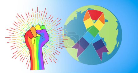 Photo for Image of rainbow fist with rainbow ribbon and globe on blue background. pride month celebration concept digitally generated image. - Royalty Free Image
