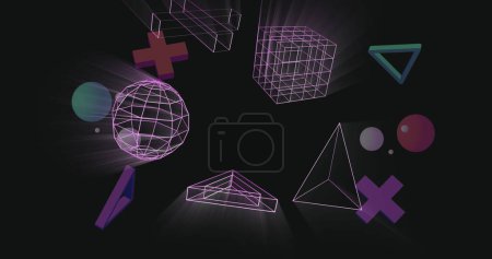 Bild von 3D-rosa Formen auf schwarzem Hintergrund. Globale Verbindungen, digitale Schnittstelle und Datenverarbeitungskonzept digital generiertes Bild.