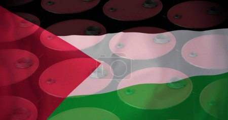 Photo for Image of oil barrels over flag of palestine. Palestine israel conflickt, finance, business and data processing concept digitally generated image. - Royalty Free Image