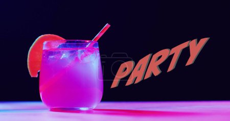 Photo for Image of party neon text and cocktail on black background. Party, drink, entertainment and celebration concept digitally generated image. - Royalty Free Image