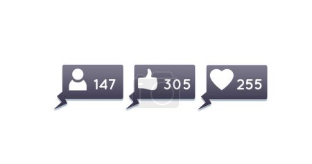 Digital image of follower, like and heart icons and numbers  increasing inside grey chat boxes on a white background 4k