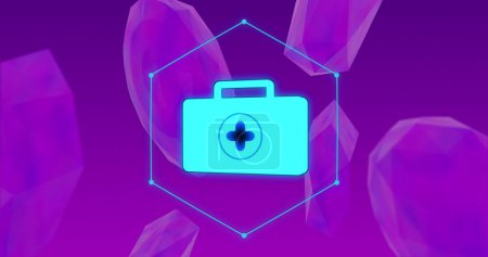 Téléchargez les photos : Image de l'icône du kit médical et des cellules du corps sur fond violet. Médecine mondiale, recherche et concept scientifique image générée numériquement. - en image libre de droit